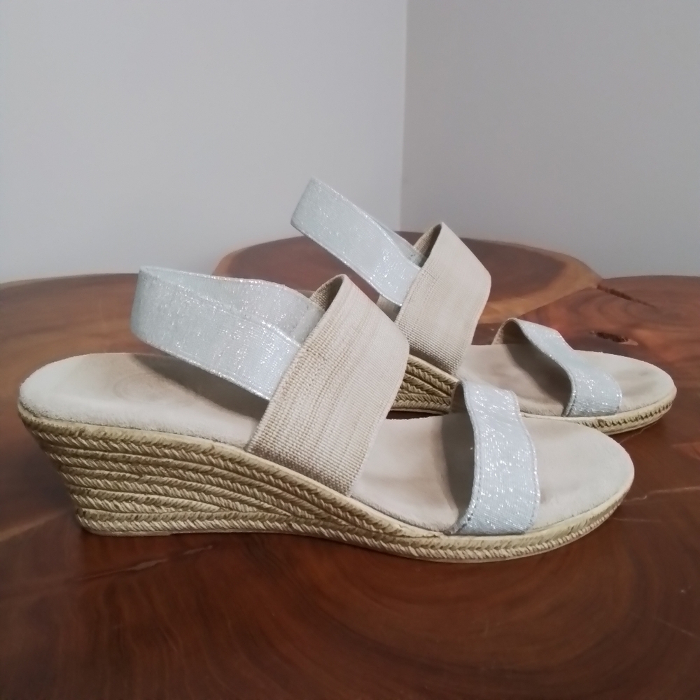 Charleston Shoe Co. Cooper Silver Metallic/Tan/Linen Espadrille Wedge Sandal - 7
